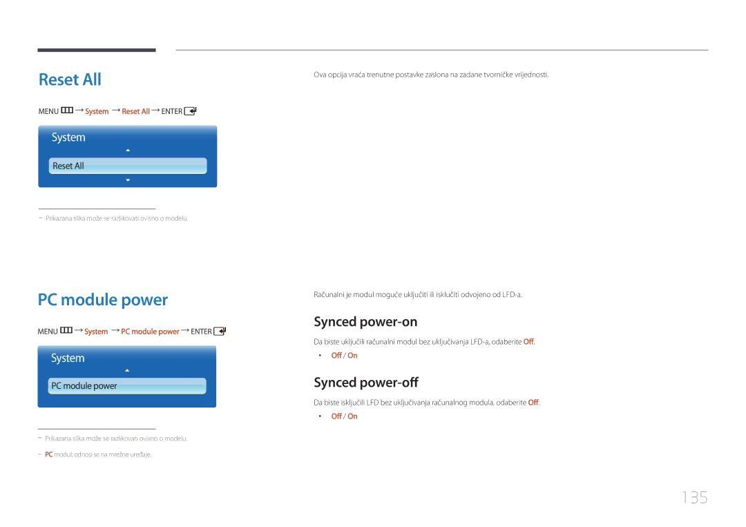 Samsung LH55UDDPLBB/EN manual Reset All, PC module power, 135, Synced power-on, Synced power-off 