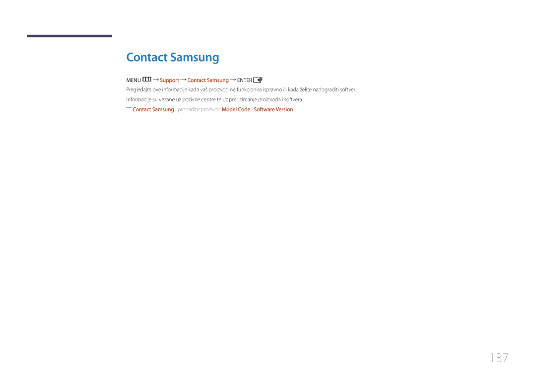 Samsung LH55UDDPLBB/EN manual 137, Menu m Support Contact Samsung Enter 