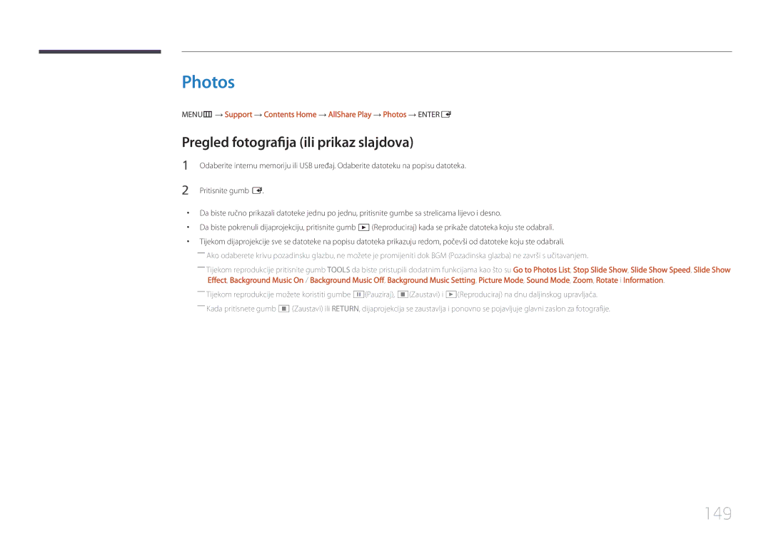 Samsung LH55UDDPLBB/EN manual Photos, 149, Pregled fotografija ili prikaz slajdova, Pritisnite gumb E 