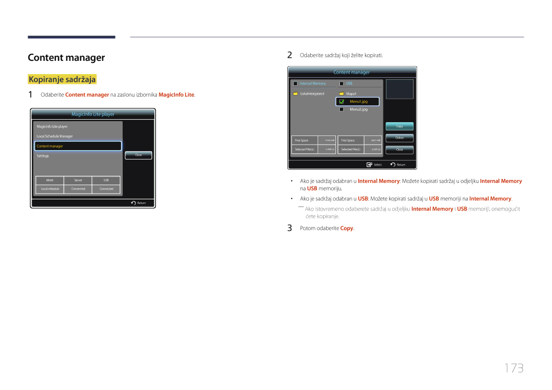 Samsung LH55UDDPLBB/EN manual 173, Content manager, Kopiranje sadržaja, Potom odaberite Copy 