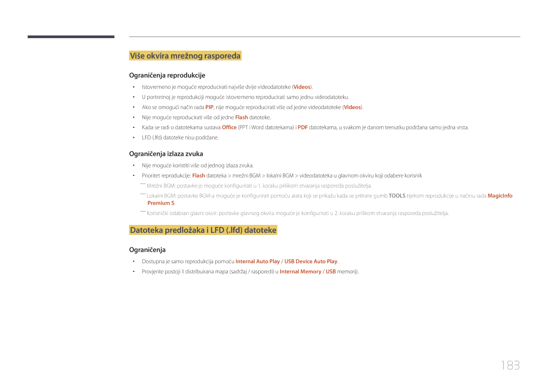 Samsung LH55UDDPLBB/EN manual 183, Više okvira mrežnog rasporeda, Datoteka predložaka i LFD .lfd datoteke 