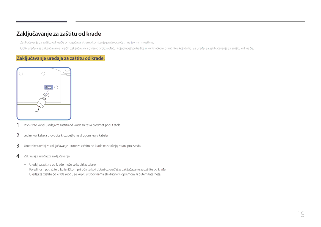 Samsung LH55UDDPLBB/EN manual Zaključavanje za zaštitu od krađe, Zaključavanje uređaja za zaštitu od krađe 