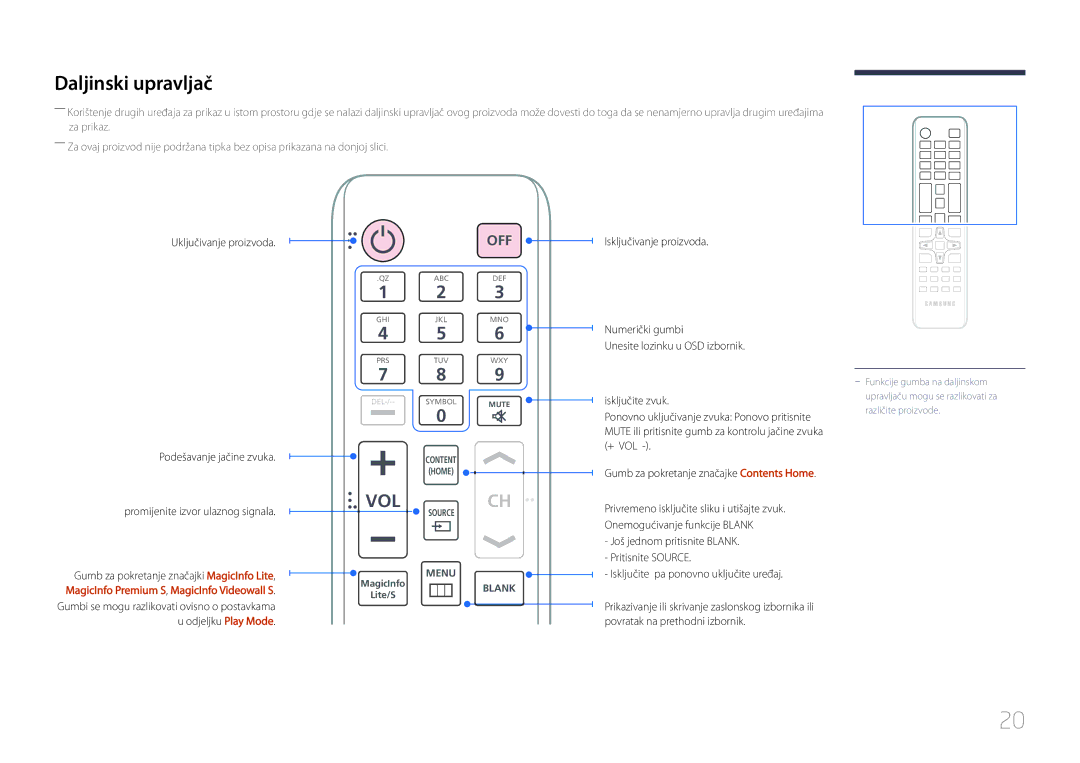 Samsung LH55UDDPLBB/EN manual Daljinski upravljač, Vol 