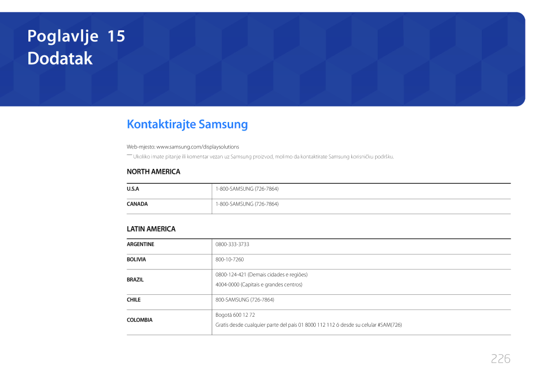 Samsung LH55UDDPLBB/EN manual Dodatak, Kontaktirajte Samsung, 226 