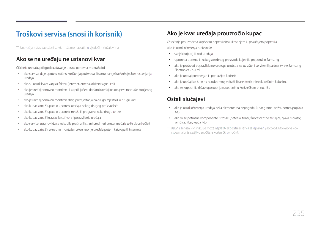 Samsung LH55UDDPLBB/EN manual Troškovi servisa snosi ih korisnik, 235, Ako se na uređaju ne ustanovi kvar, Ostali slučajevi 