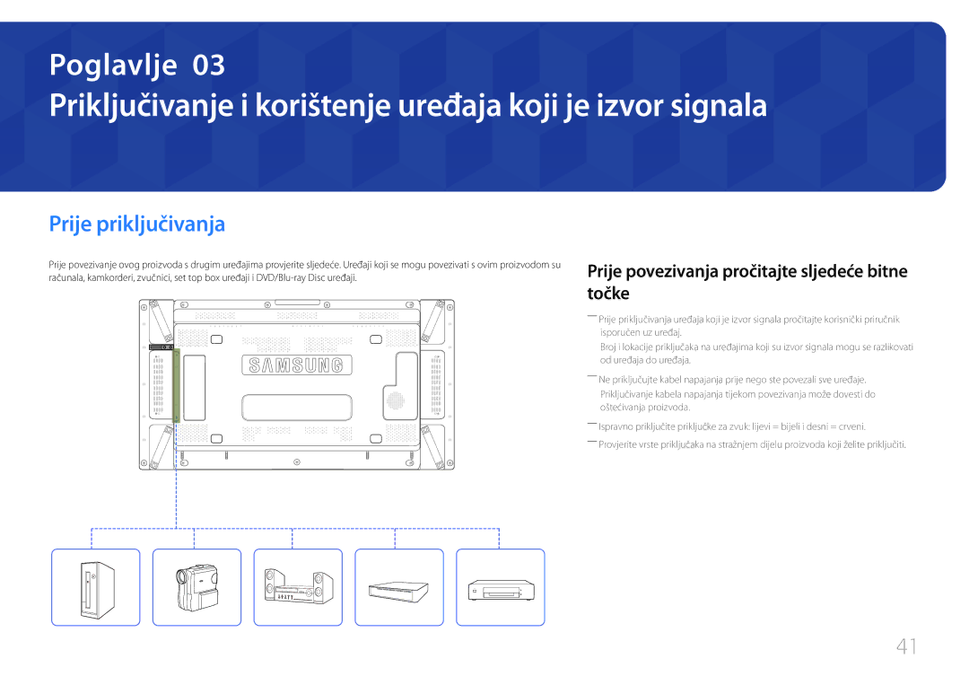 Samsung LH55UDDPLBB/EN manual Priključivanje i korištenje uređaja koji je izvor signala, Prije priključivanja 