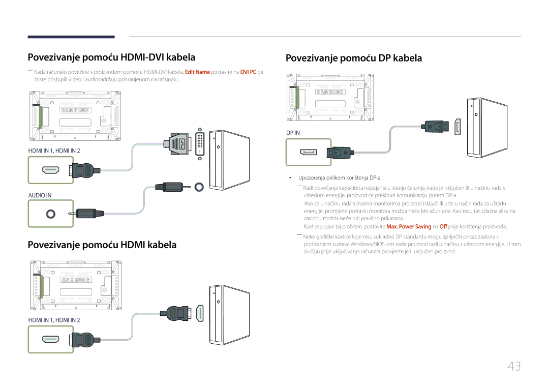 Samsung LH55UDDPLBB/EN Povezivanje pomoću HDMI-DVI kabela, Povezivanje pomoću Hdmi kabela, Povezivanje pomoću DP kabela 