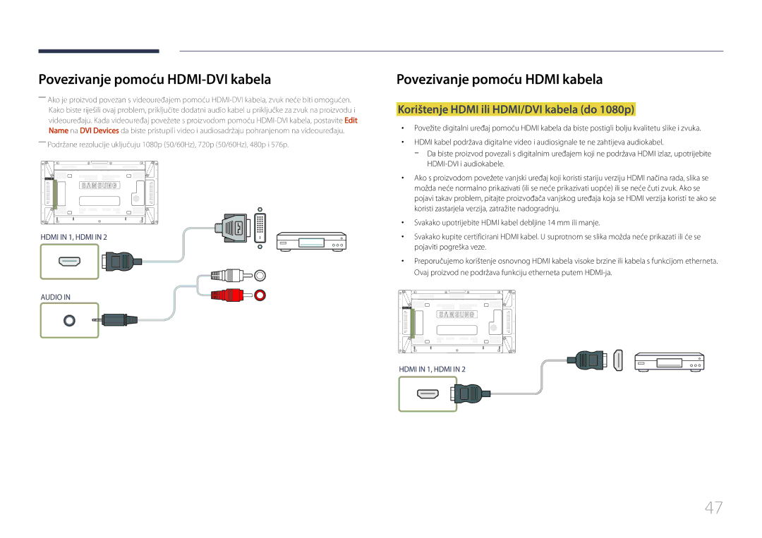 Samsung LH55UDDPLBB/EN manual Povezivanje pomoću HDMI-DVI kabela, Korištenje Hdmi ili HDMI/DVI kabela do 1080p 