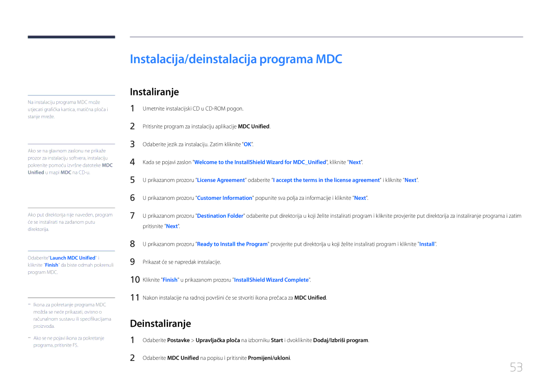 Samsung LH55UDDPLBB/EN manual Instalacija/deinstalacija programa MDC, Deinstaliranje 
