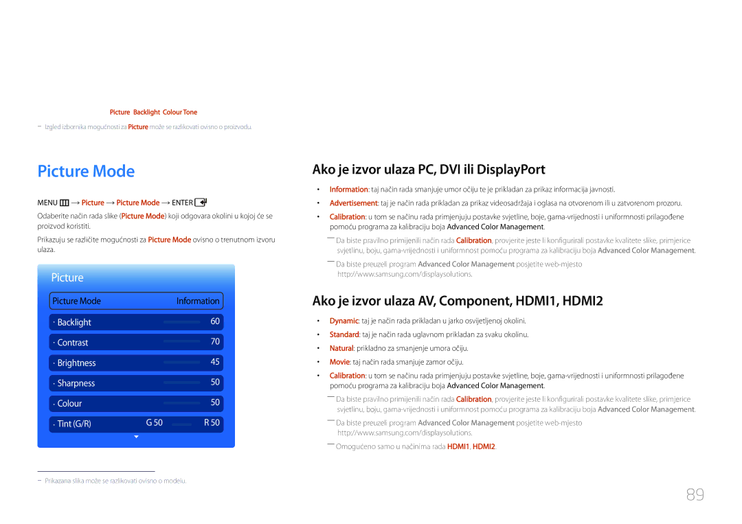 Samsung LH55UDDPLBB/EN manual Prilagodba zaslona, Picture Mode, Ako je izvor ulaza PC, DVI ili DisplayPort 