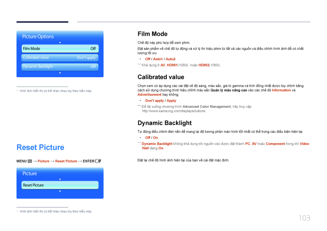 Samsung LH55UDDPLBB/XY, LH55UDDPLBB/XT manual Reset Picture, 103, Film Mode, Calibrated value, Dynamic Backlight 