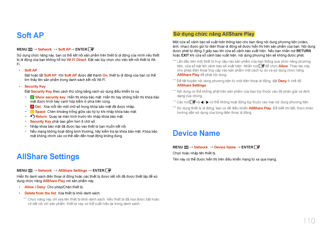 Samsung LH55UDDPLBB/XT, LH55UDDPLBB/XY Soft AP, AllShare Settings, Device Name, 110, Sử dụng chức năng AllShare Play 