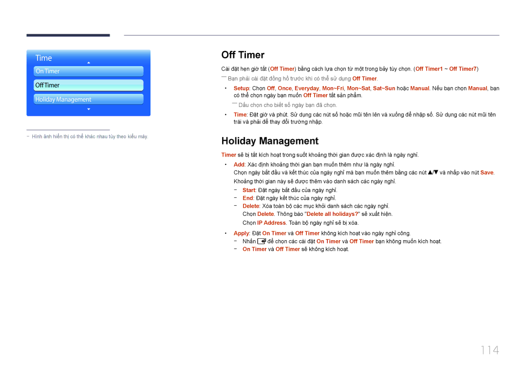 Samsung LH55UDDPLBB/XT, LH55UDDPLBB/XY manual 114, Off Timer, Holiday Management 