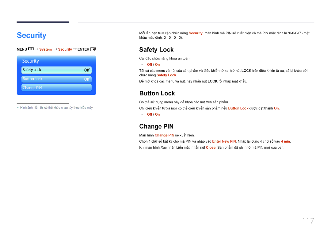 Samsung LH55UDDPLBB/XY, LH55UDDPLBB/XT manual Security, 117, Safety Lock, Button Lock, Change PIN 