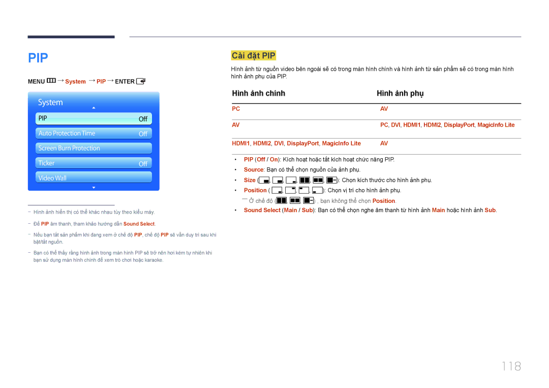 Samsung LH55UDDPLBB/XT, LH55UDDPLBB/XY manual 118, Cài đặt PIP, Hình ảnh chính Hình ảnh phụ 