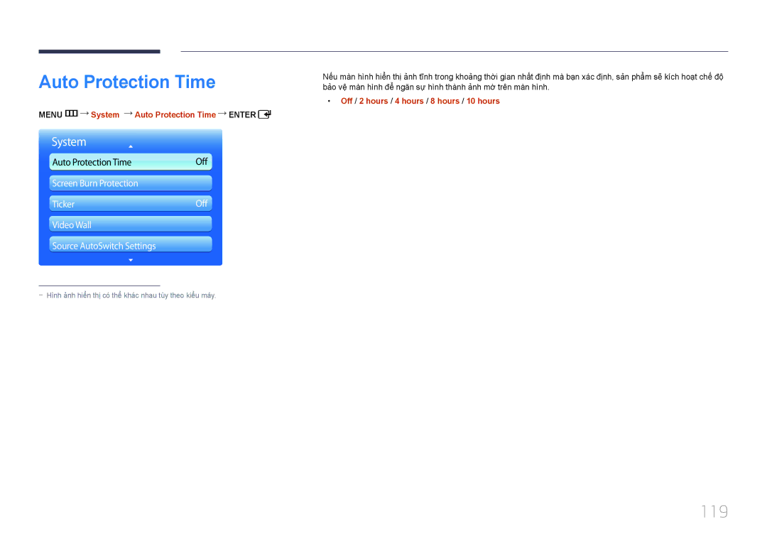 Samsung LH55UDDPLBB/XY 119, Menu m System Auto Protection Time Enter, Off / 2 hours / 4 hours / 8 hours / 10 hours 