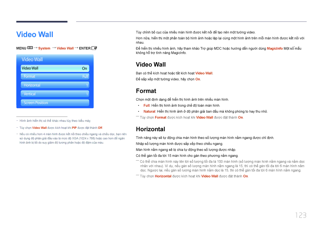 Samsung LH55UDDPLBB/XY, LH55UDDPLBB/XT manual Video Wall, 123, Format, Horizontal 
