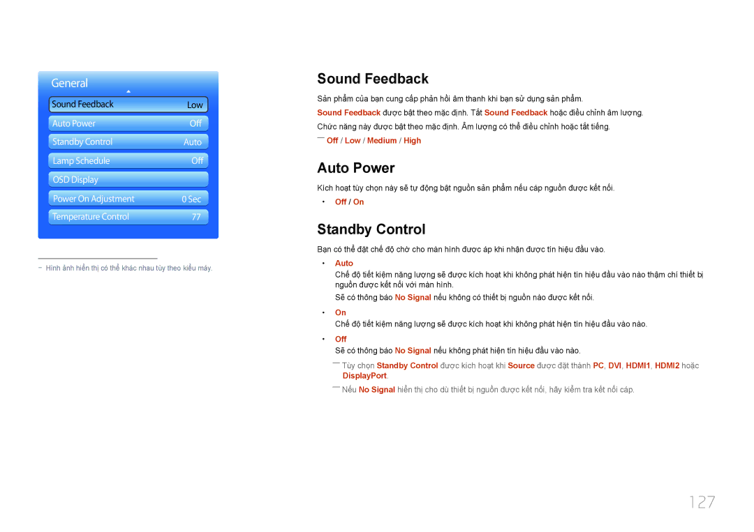 Samsung LH55UDDPLBB/XY, LH55UDDPLBB/XT manual 127, Sound Feedback, Auto Power, Standby Control 