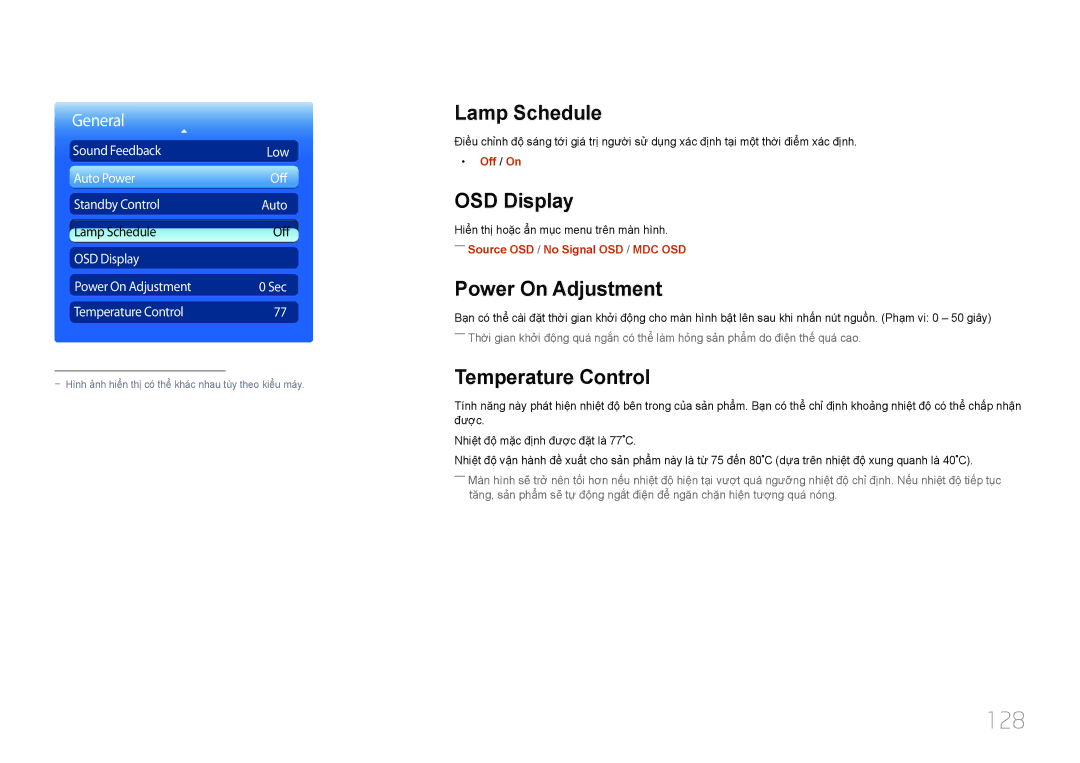 Samsung LH55UDDPLBB/XT, LH55UDDPLBB/XY manual 128, Lamp Schedule, OSD Display, Power On Adjustment, Temperature Control 