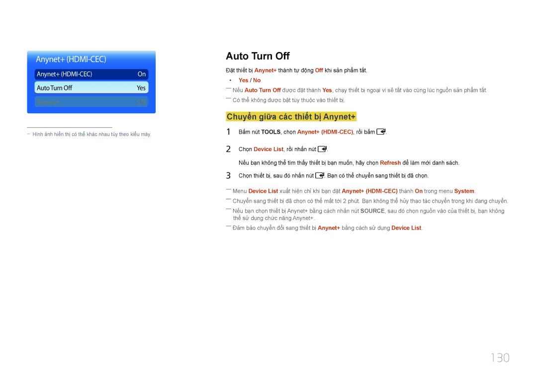 Samsung LH55UDDPLBB/XT, LH55UDDPLBB/XY manual 130, Auto Turn Off, Chuyển giữa các thiết bị Anynet+, Yes / No 