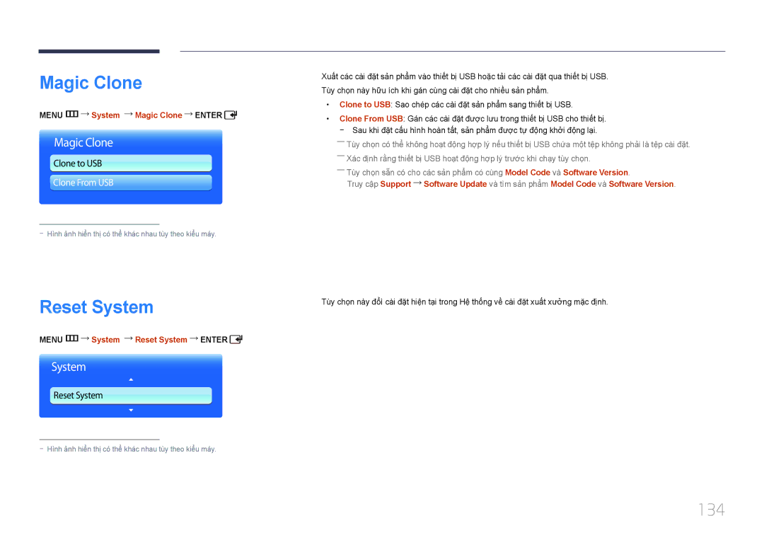 Samsung LH55UDDPLBB/XT, LH55UDDPLBB/XY manual 134, Menu m System Magic Clone Enter, Menu m System Reset System Enter 