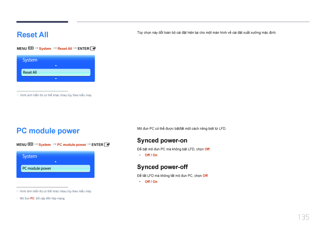 Samsung LH55UDDPLBB/XY, LH55UDDPLBB/XT manual Reset All, PC module power, 135, Synced power-on, Synced power-off 