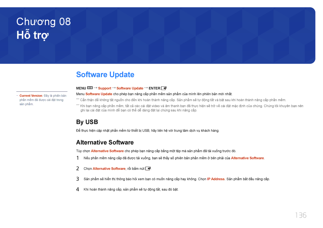 Samsung LH55UDDPLBB/XT, LH55UDDPLBB/XY manual 136, By USB, Alternative Software, Menu m Support Software Update Enter 
