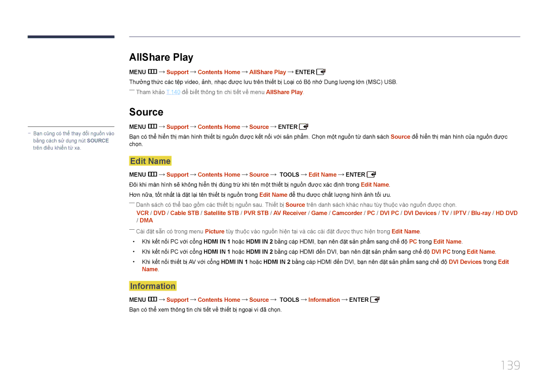 Samsung LH55UDDPLBB/XY, LH55UDDPLBB/XT manual 139, AllShare Play, Edit Name, Information 