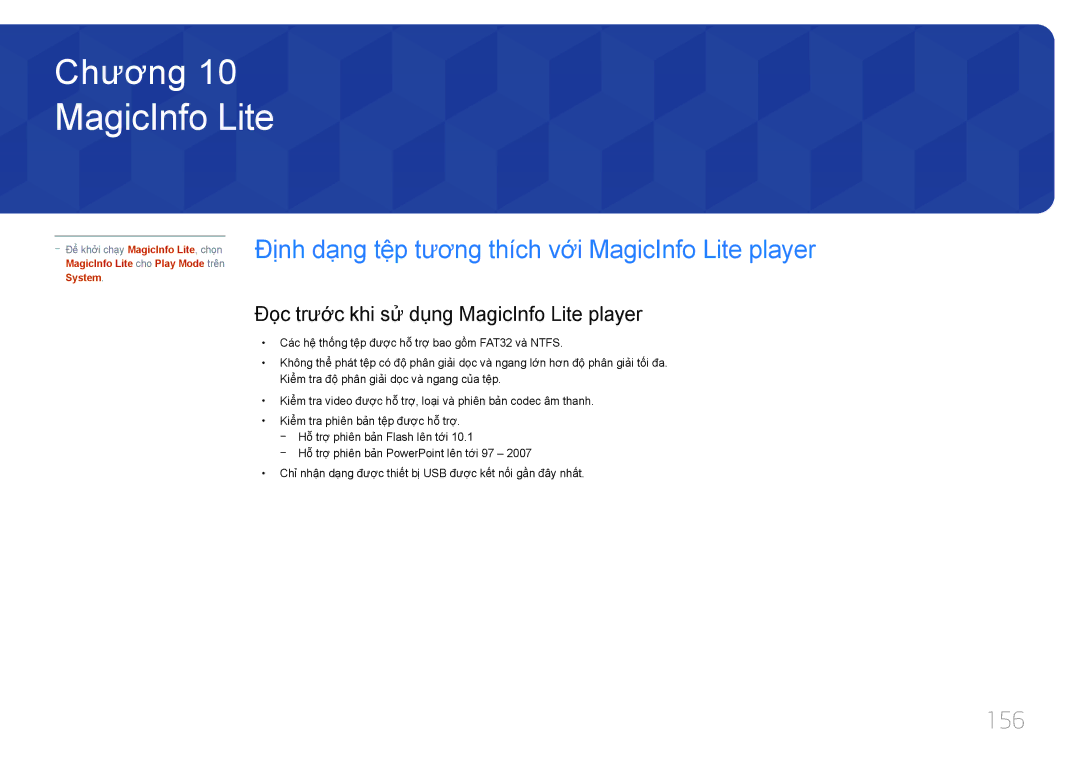 Samsung LH55UDDPLBB/XT, LH55UDDPLBB/XY manual 156, Đọc trướ́c khi sử dụng MagicInfo Lite player 