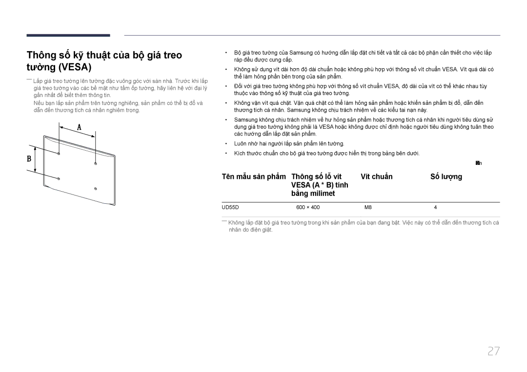 Samsung LH55UDDPLBB/XY, LH55UDDPLBB/XT manual Thông sô kỹ thuât của bộ gia treo tương Vesa 