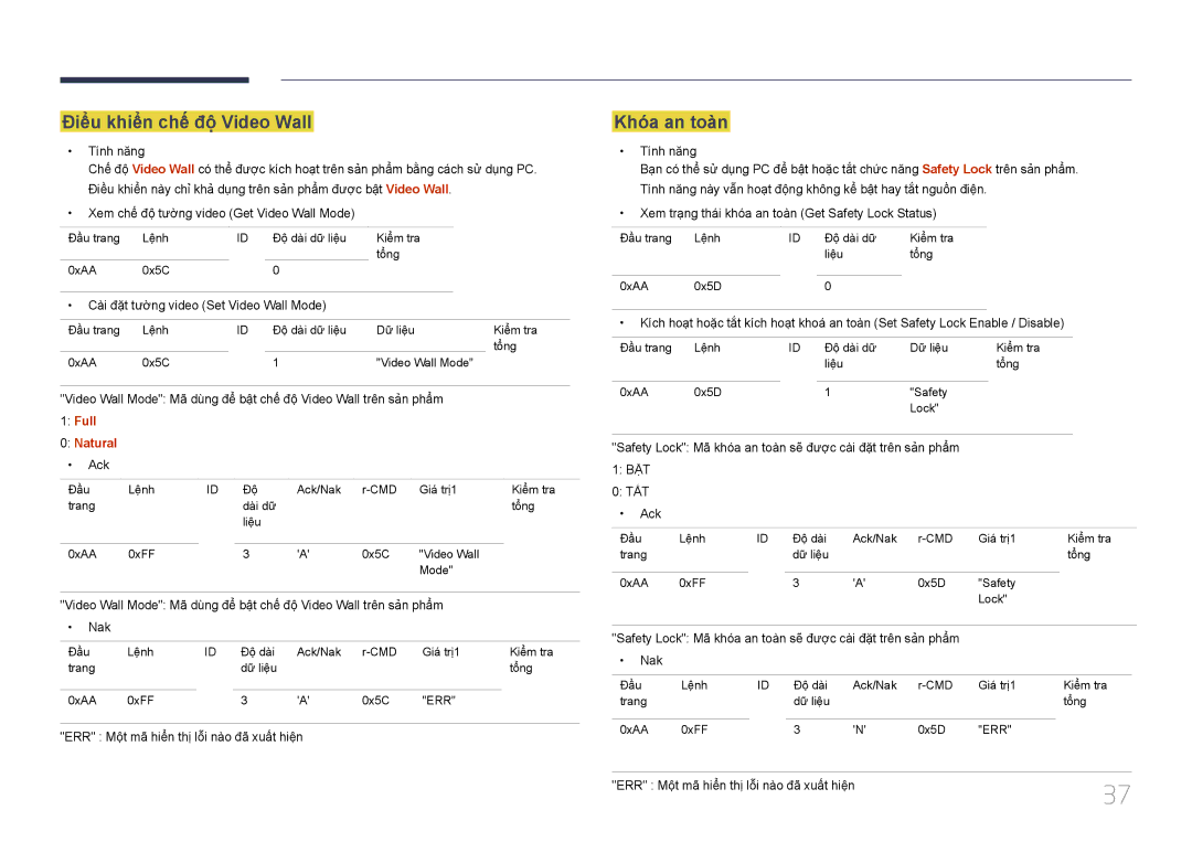 Samsung LH55UDDPLBB/XY, LH55UDDPLBB/XT manual Điểu khiển chế́ độ̣ Video Wall, Khóa an toàn, Full Natural 