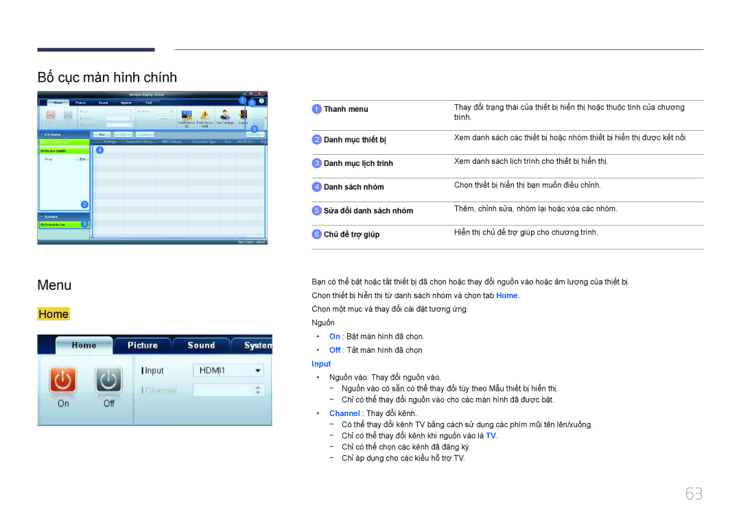 Samsung LH55UDDPLBB/XY, LH55UDDPLBB/XT manual Bô cuc man hình chinh Menu, Home 