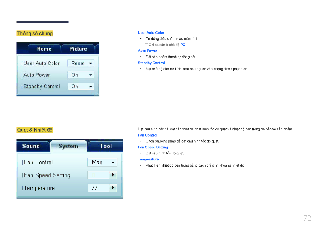 Samsung LH55UDDPLBB/XT, LH55UDDPLBB/XY manual Thông sô chung Quạt & Nhiêt đô, Standby Control 