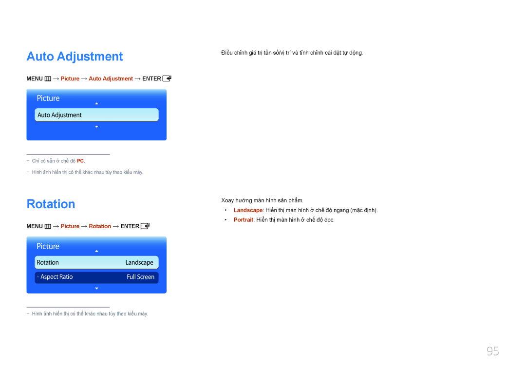 Samsung LH55UDDPLBB/XY, LH55UDDPLBB/XT manual Menu m Picture Auto Adjustment Enter, Menu m Picture Rotation Enter 