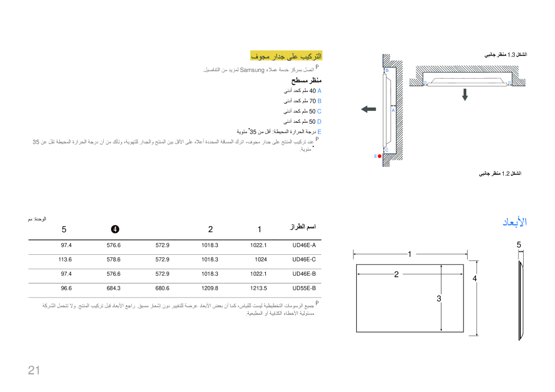 Samsung LH46UDEBLBB/NG داعبلأا, فوجم رادج ىلع بيكرتلا, حطسم رظنم, زارطلا مسا, يبناج رظنم 1.3 لكشلا يبناج رظنم 1.2 لكشلا 