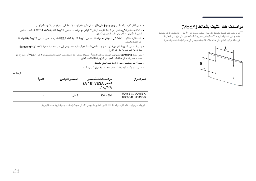 Samsung LH55UDEBLBB/UE manual Vesa طئاحلاب تيبثتلا مقط تافصاوم, ةيمكلا, رامسم ةحتف تافصاوم زارطلا مسا, رتم يللملاب 