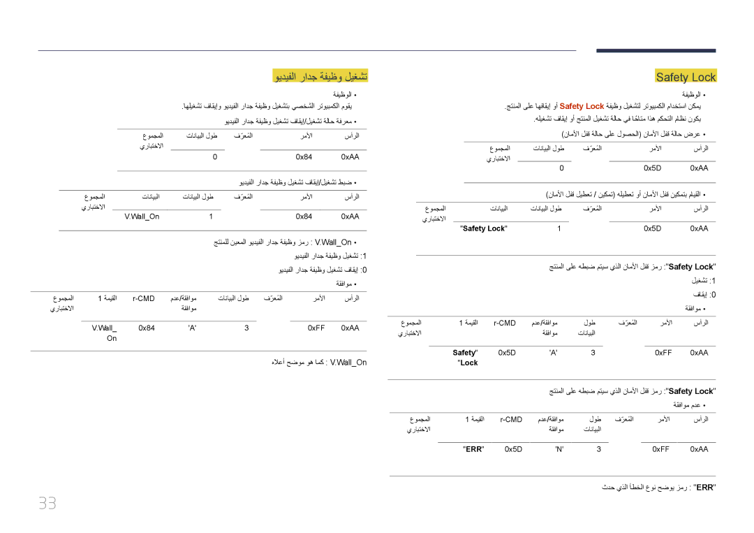 Samsung LH46UDEBLBB/NG, LH55UDEBLBB/NG, LH46UDEBLBB/UE, LH46UDECLBB/NG, LH55UDEHLBB/UE ويديفلا رادج ةفيظو ليغشت, Safety Lock 