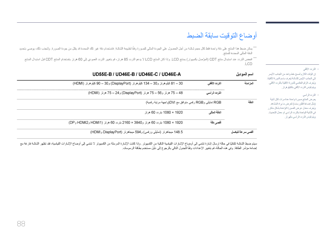 Samsung LH55UDEHLBB/UE, LH55UDEBLBB/NG, LH46UDEBLBB/UE, LH46UDECLBB/NG, LH46UDEBLBB/NG manual طبضلا ةقباس تيقوتلا عاضوأ 