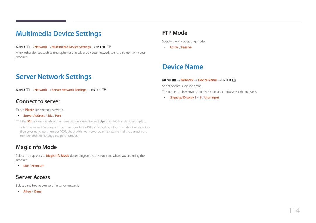 Samsung LH46UDEPLBB/NG, LH55UDEPLBB/EN manual Multimedia Device Settings, Server Network Settings, Device Name, 114 