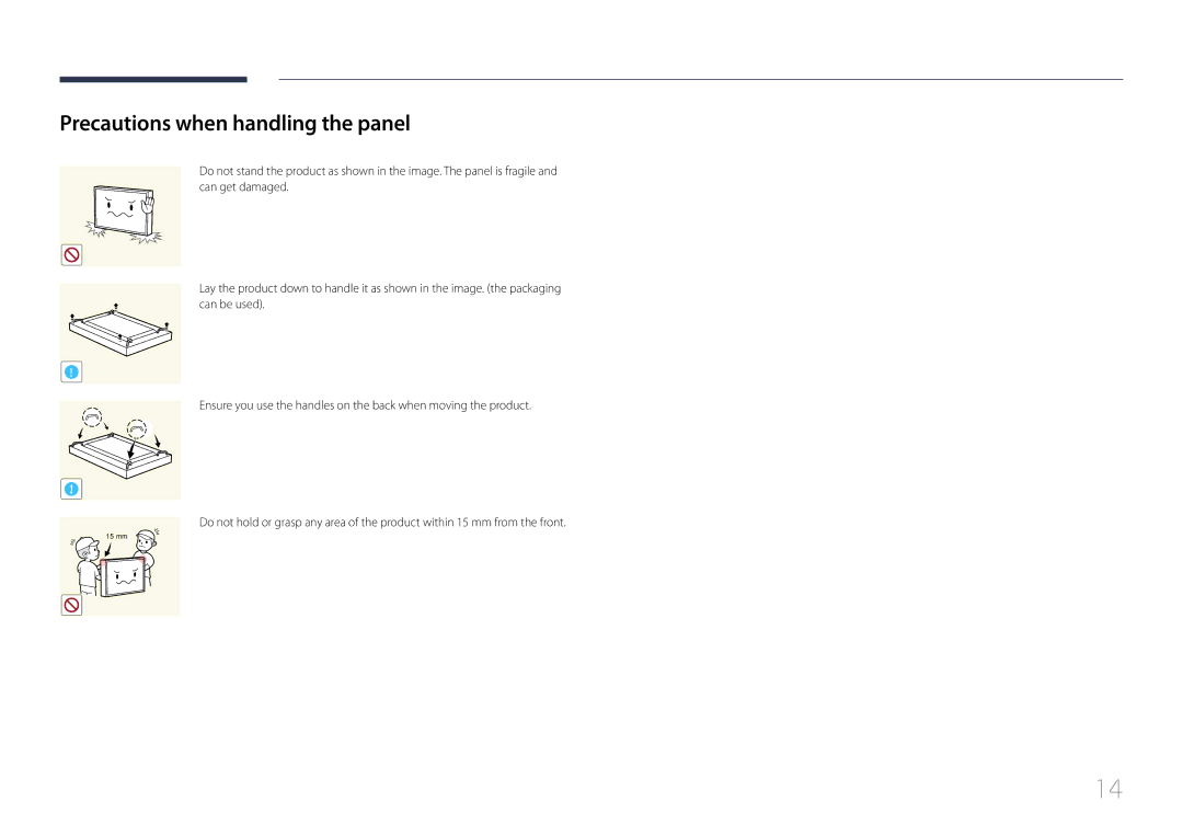 Samsung LH46UDEPLBB/NG, LH55UDEPLBB/EN, LH46UDEPLBB/EN, LH55UDEPLBB/NG manual Precautions when handling the panel 