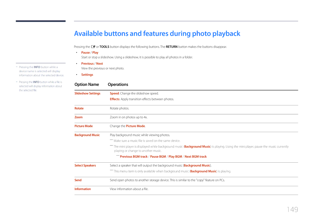 Samsung LH46UDEPLBB/EN, LH55UDEPLBB/EN, LH46UDEPLBB/NG manual Available buttons and features during photo playback, 149 