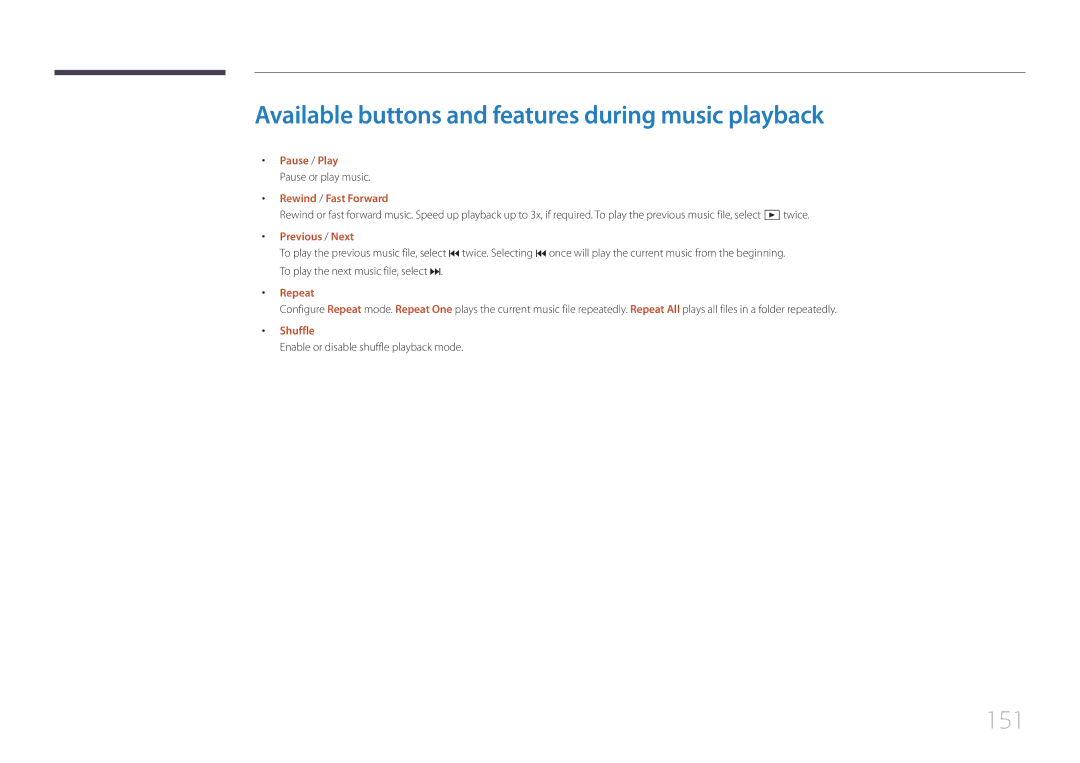 Samsung LH55UDEPLBB/NG manual Available buttons and features during music playback, 151, Pause or play music, Shuffle 