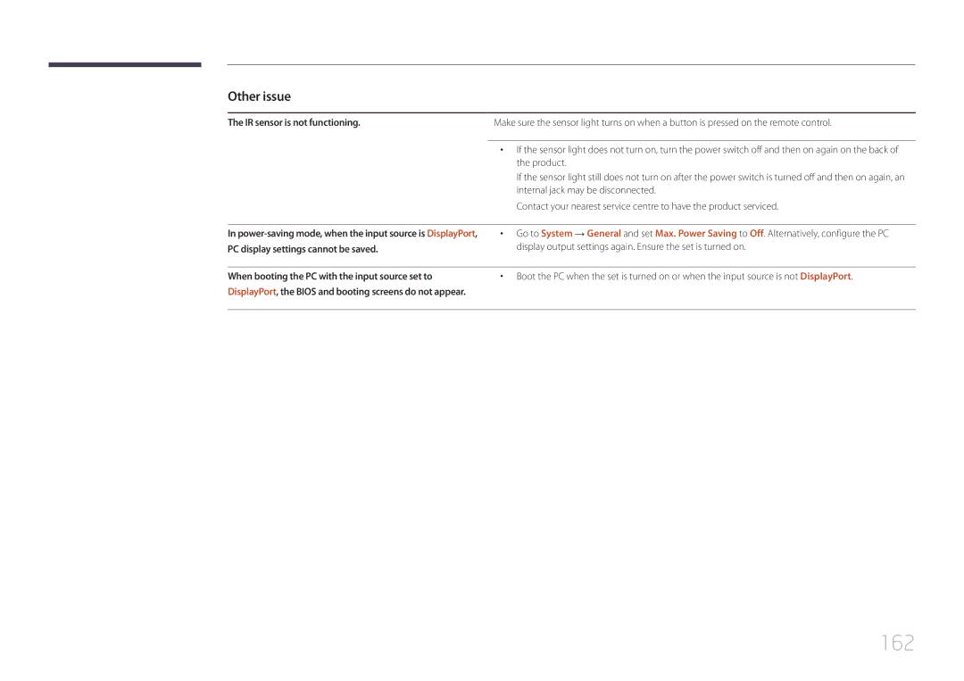 Samsung LH46UDEPLBB/NG, LH55UDEPLBB/EN manual 162, IR sensor is not functioning, PC display settings cannot be saved 