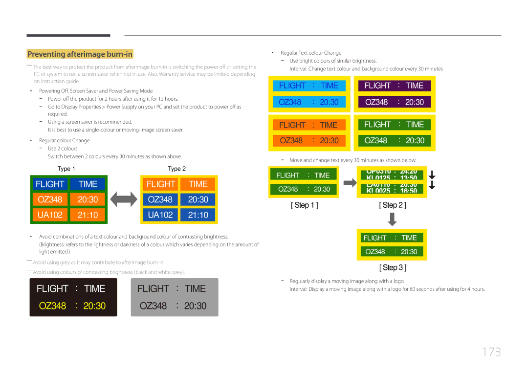 Samsung LH46UDEPLBB/EN, LH55UDEPLBB/EN, LH46UDEPLBB/NG, LH55UDEPLBB/NG manual 173, Preventing afterimage burn-in 