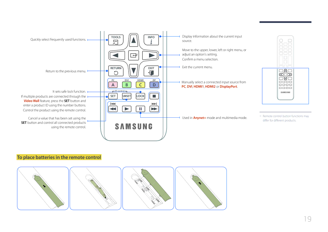 Samsung LH55UDEPLBB/NG, LH55UDEPLBB/EN To place batteries in the remote control, Quickly select frequently used functions 