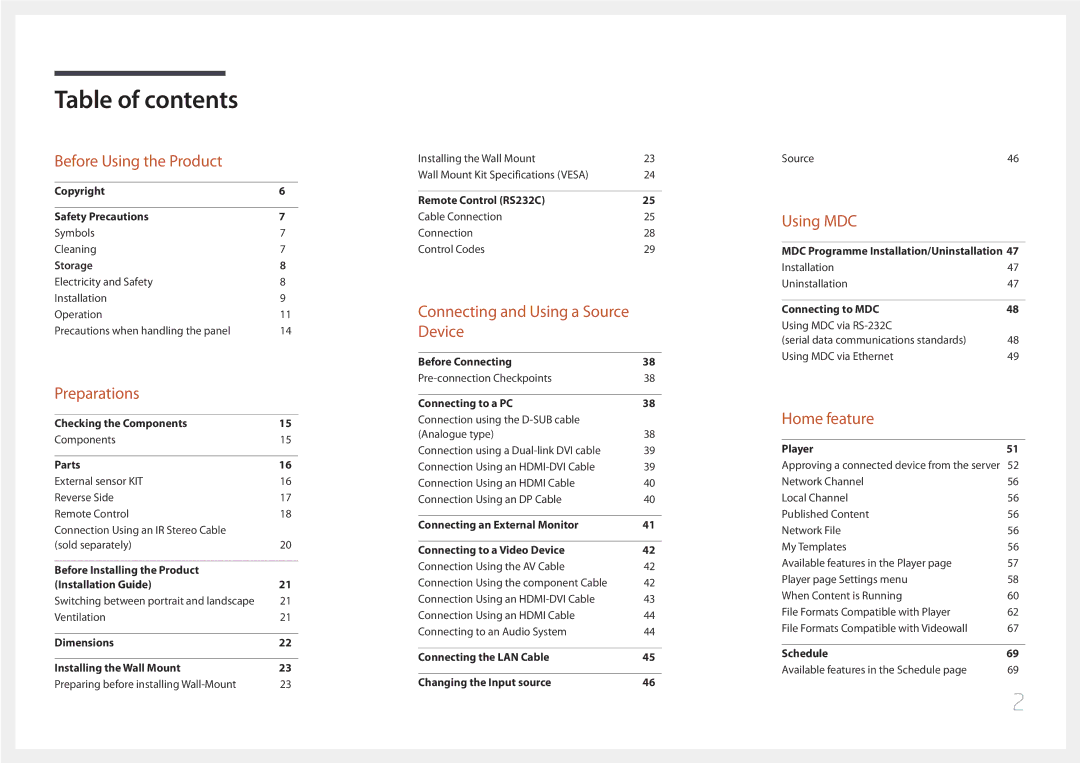 Samsung LH46UDEPLBB/NG, LH55UDEPLBB/EN, LH46UDEPLBB/EN, LH55UDEPLBB/NG manual Table of contents 