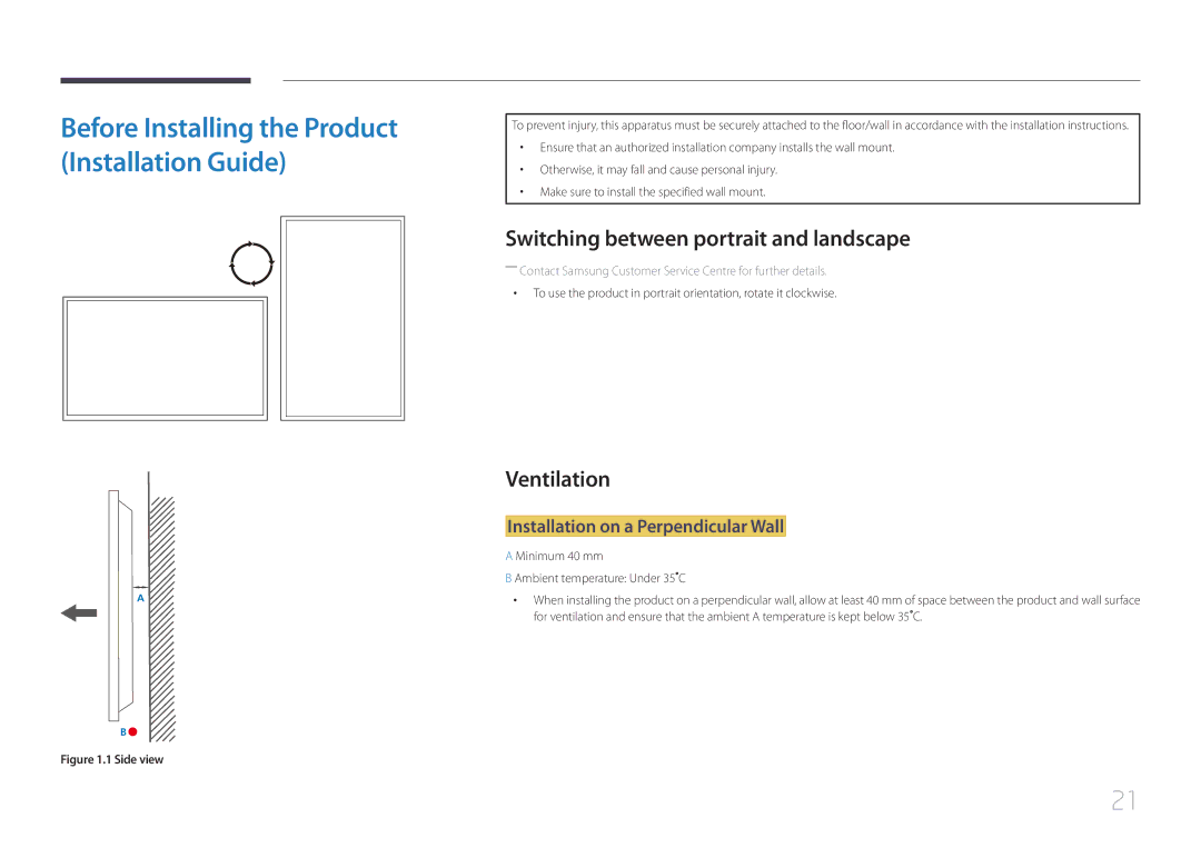Samsung LH46UDEPLBB/EN manual Switching between portrait and landscape, Ventilation, Installation on a Perpendicular Wall 