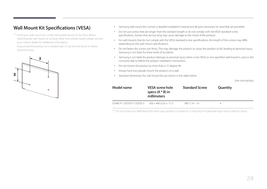 Samsung LH55UDEPLBB/EN, LH46UDEPLBB/EN, LH46UDEPLBB/NG, LH55UDEPLBB/NG manual Wall Mount Kit Specifications Vesa 