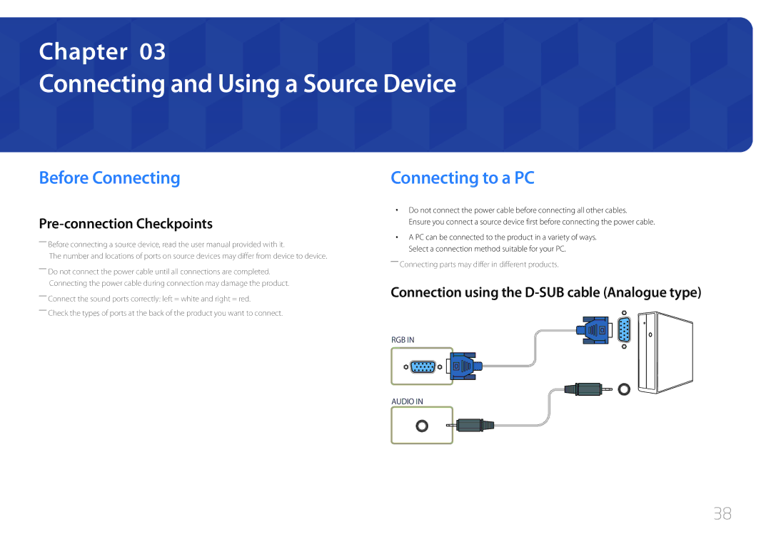 Samsung LH46UDEPLBB/NG, LH55UDEPLBB/EN manual Connecting and Using a Source Device, Before Connecting, Connecting to a PC 