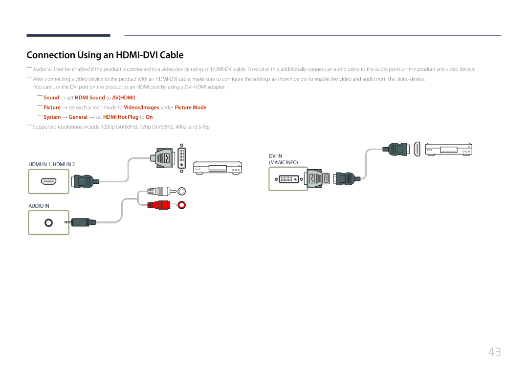 Samsung LH55UDEPLBB/NG, LH55UDEPLBB/EN manual Connection Using an HDMI-DVI Cable, ――Sound → set Hdmi Sound to Avhdmi 